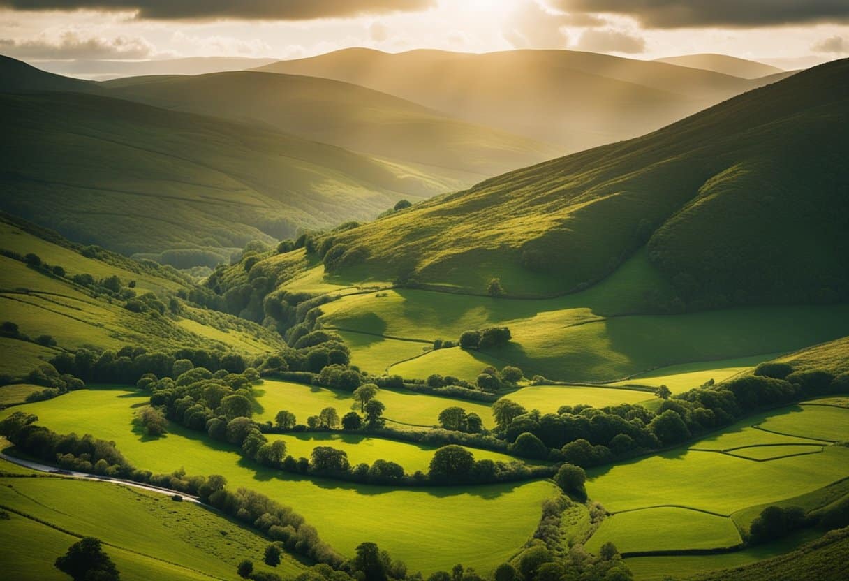 Emerald Isle - Lush green landscape of Ireland, with rolling hills, vibrant forests, and winding rivers. The sun shines through the clouds, casting a warm glow on the untouched natural beauty