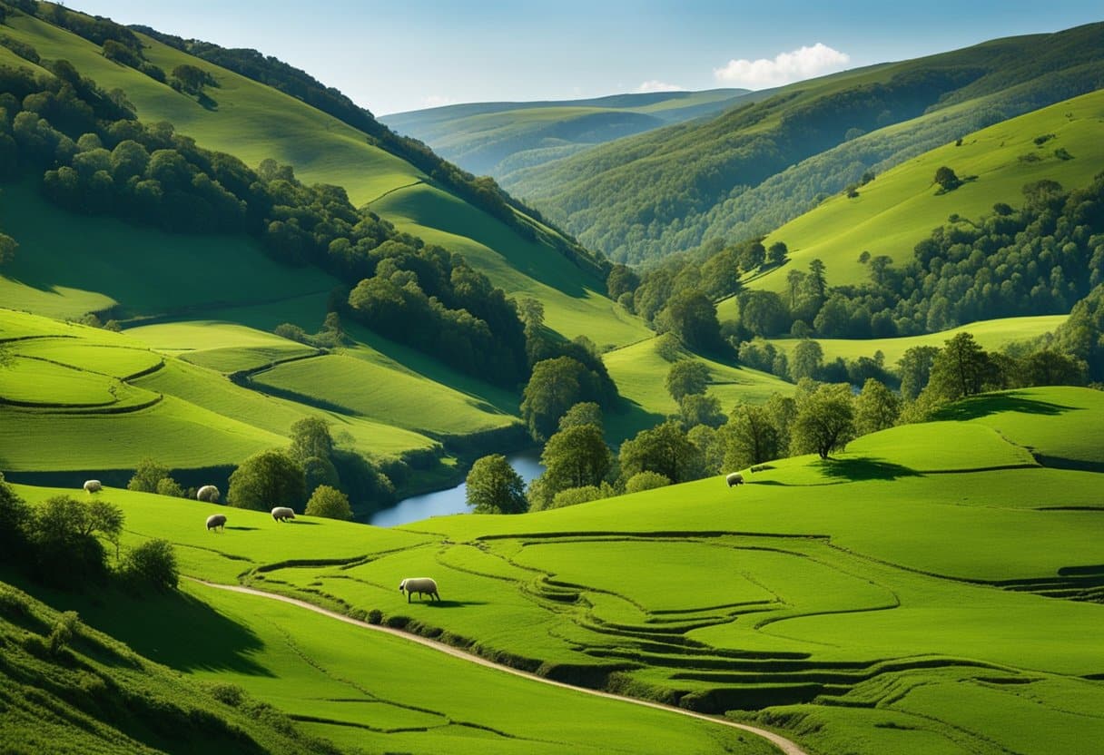 Emerald Isle - Rolling hills of vibrant green, dotted with ancient stone walls and grazing sheep. A winding river cuts through the landscape, reflecting the clear blue sky. Lush forests and wildflowers complete the picturesque scene