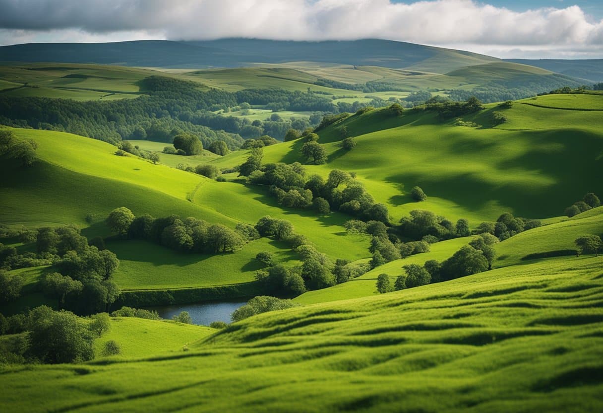 Emerald Isle - Lush green landscape with rolling hills, dotted with native Irish flora and fauna. A tranquil river winds through the scene, reflecting the vibrant colors of the surrounding nature
