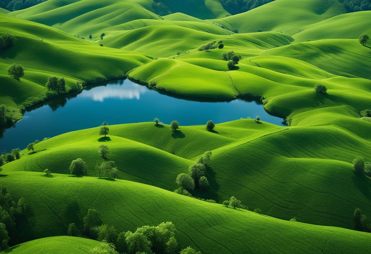 Emerald Isle - A lush, vibrant landscape of rolling green hills, winding rivers, and dense forests, with diverse wildlife and clear blue skies above