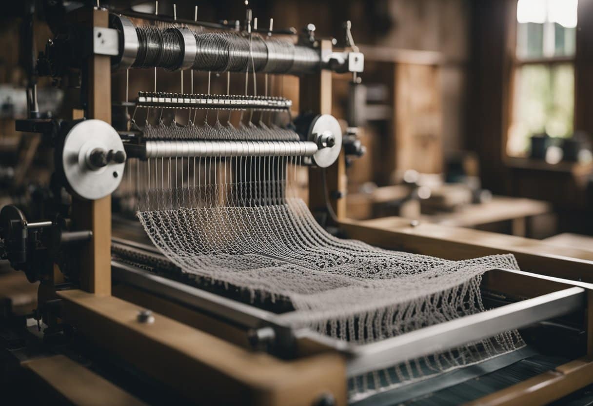 Machinery hums as lace looms weave intricate patterns. Cottage homes dot the landscape, each with a small workshop for handcrafted lace production