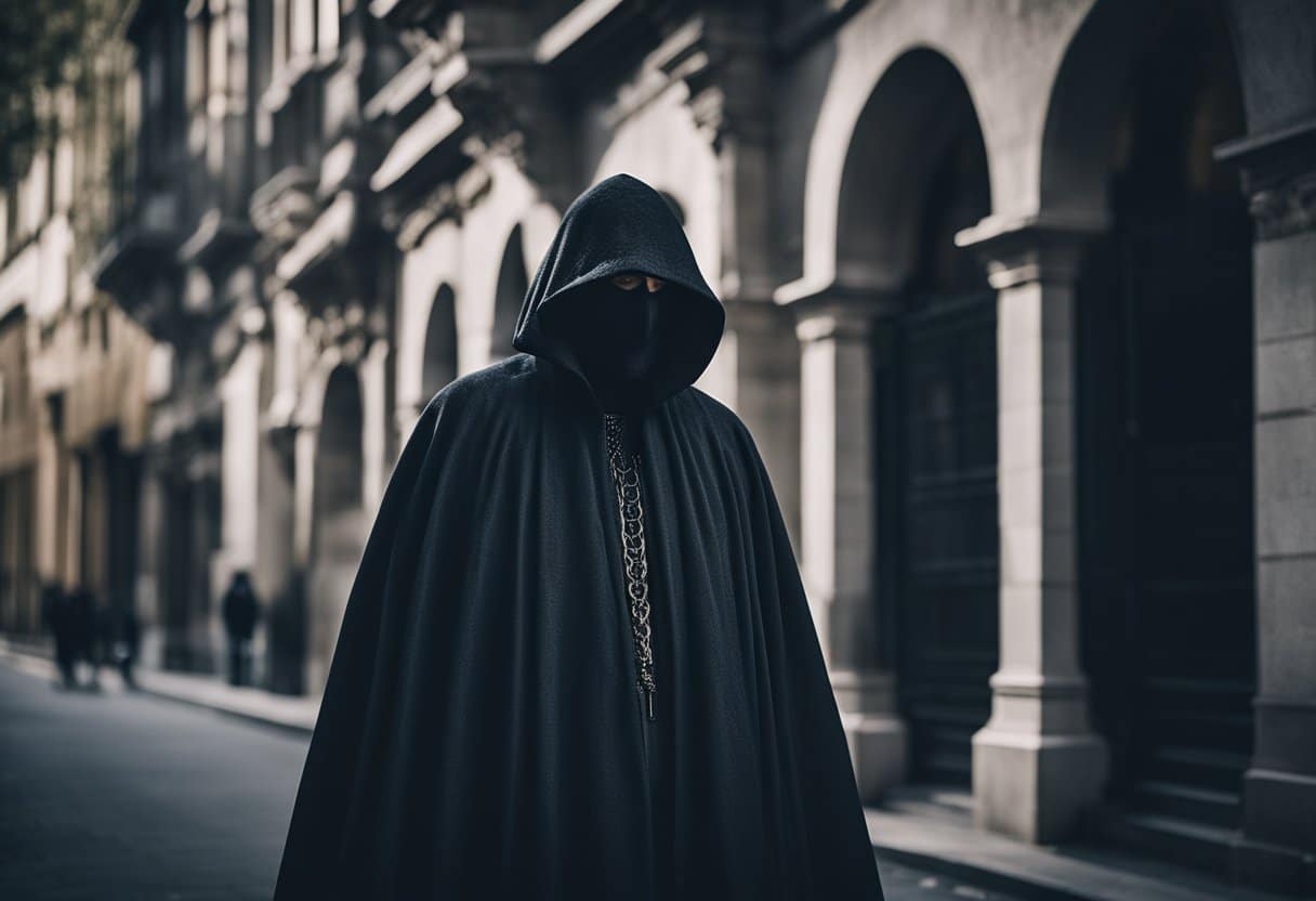 A dark figure lurks in the shadows of a city street, as eerie whispers and strange symbols fill the air, hinting at the presence of ancient myths and urban legends from around the world