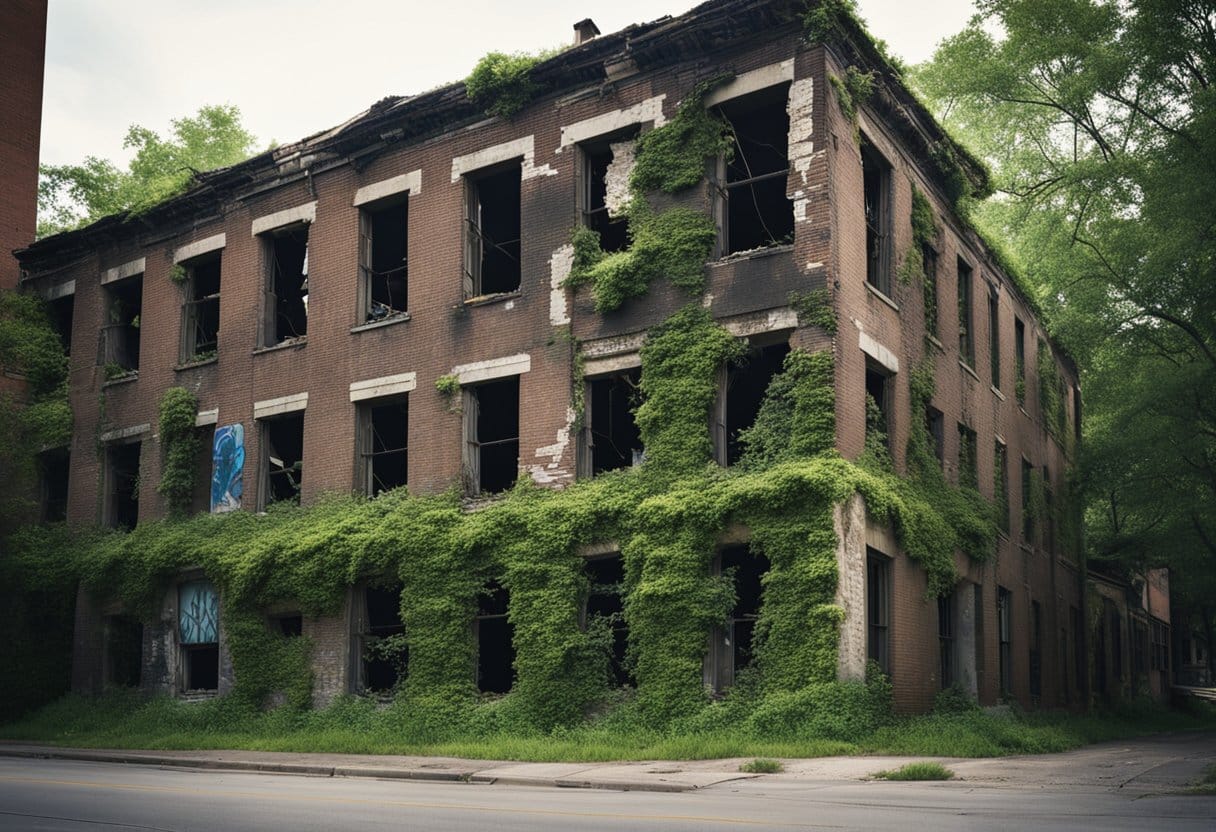 A crumbling building in Detroit, overgrown with vines and graffiti, stands as a haunting symbol of urban decay
