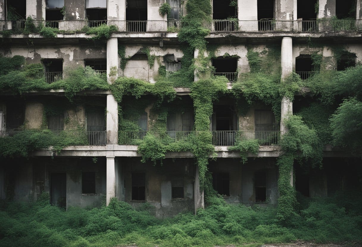 The abandoned buildings stand in stark contrast to the surrounding urban decay, with crumbling facades and overgrown vegetation reclaiming the once bustling spaces