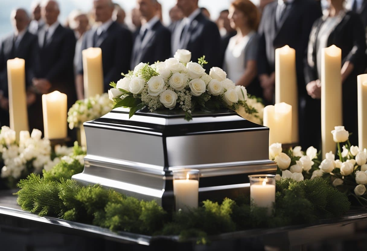 death and the afterlife - A split image of a traditional burial ceremony and a modern funeral service, with symbols of death and the afterlife in the background