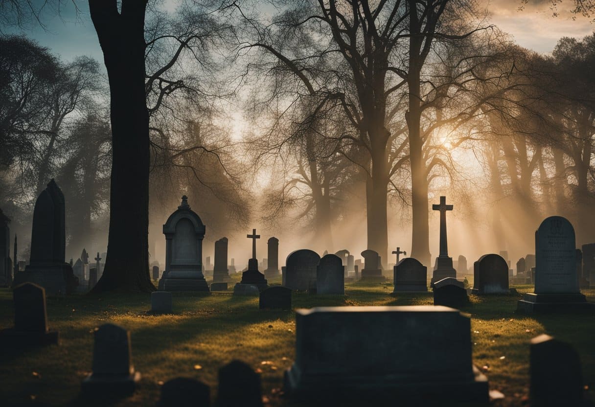 death and the afterlife - A cemetery at dusk, with gravestones of various shapes and sizes surrounded by trees and fading light