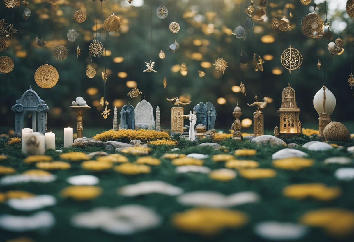 death and the afterlife - A serene landscape with diverse cultural symbols representing global perspectives on death and the afterlife