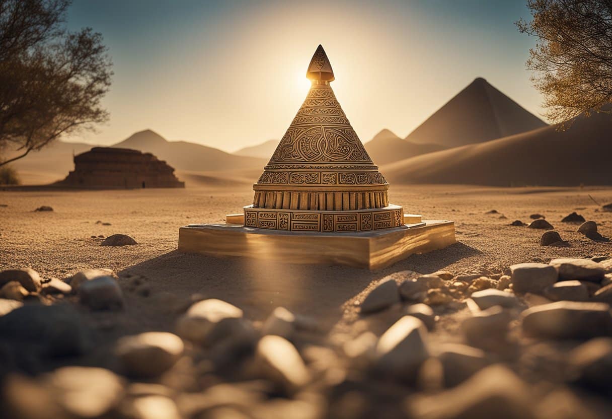 death and the afterlife - A serene landscape with symbols of various cultures' beliefs about the afterlife - such as a Buddhist stupa, an Egyptian pyramid, and a Celtic cross