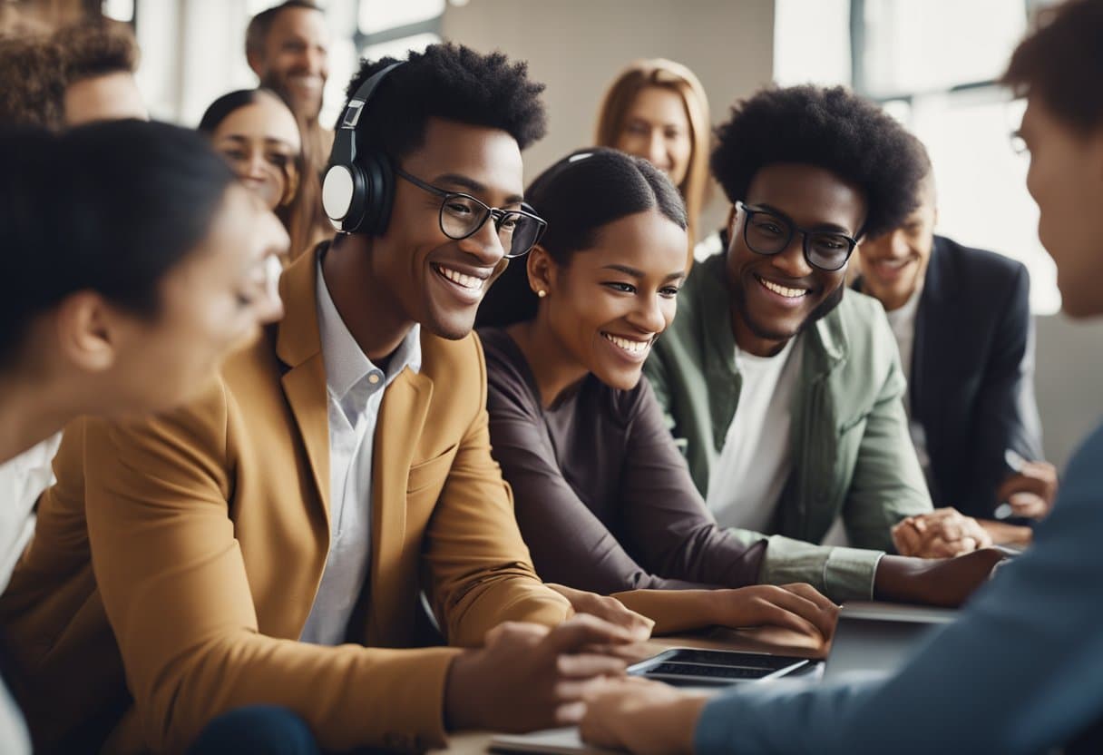A diverse group of people from different cultures engage in virtual cultural exchanges, sharing and learning from each other through technology