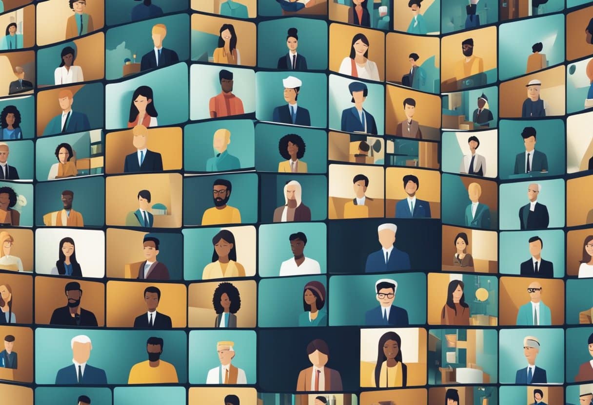 People from different cultures interact via virtual platforms, sharing traditions and customs. A virtual meeting room with diverse cultural symbols and technologies