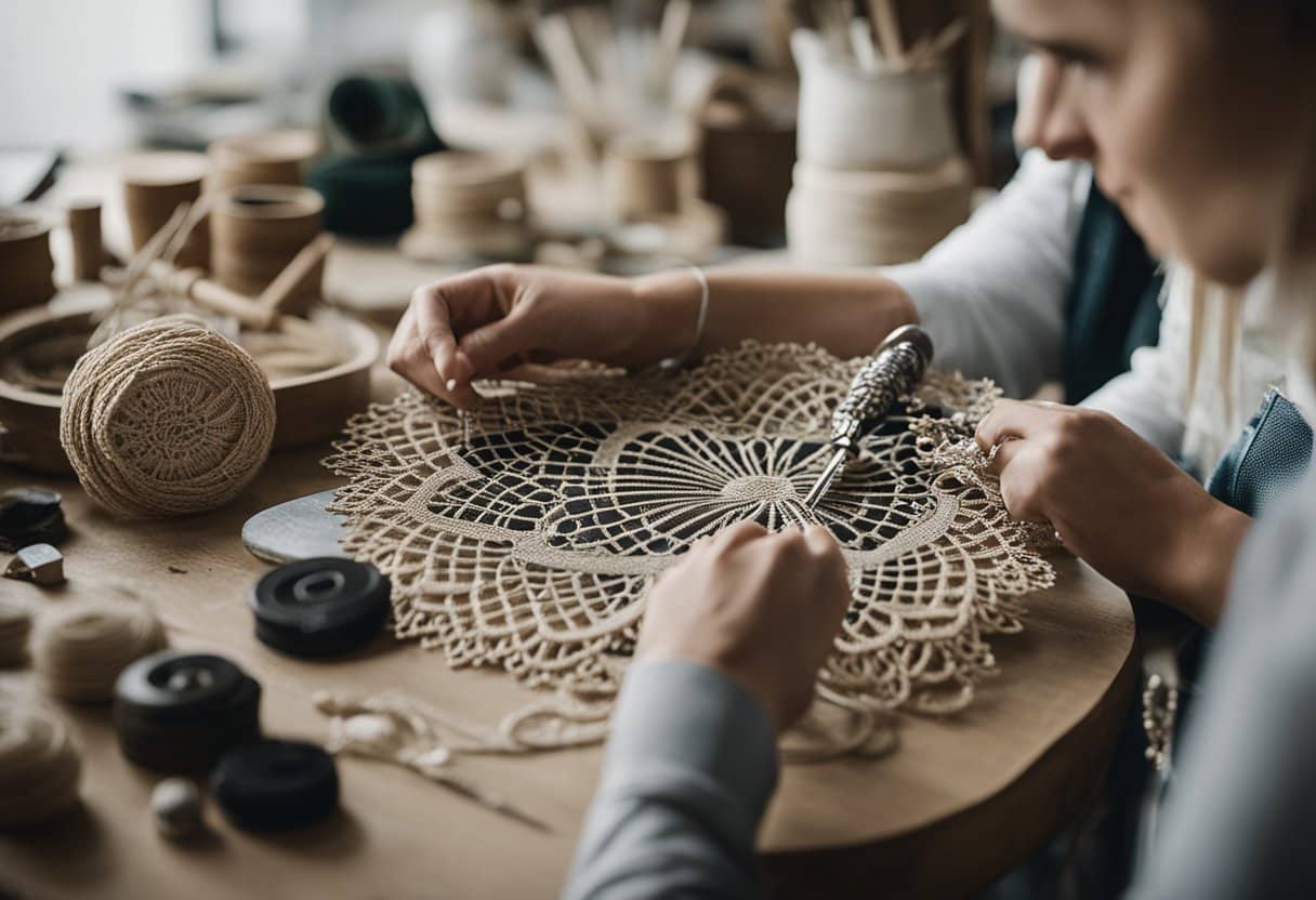 A modern Irish lace-making workshop with innovative tools and designs, blending traditional techniques with contemporary creativity
