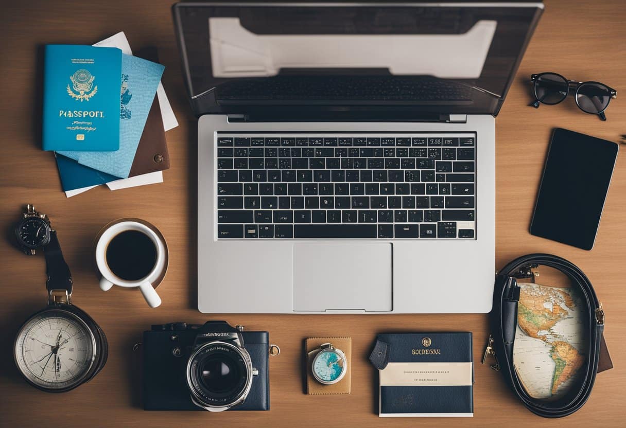 Global Nomadism: A laptop and passport on a world map, surrounded by travel essentials and a diverse array of cultural artifacts