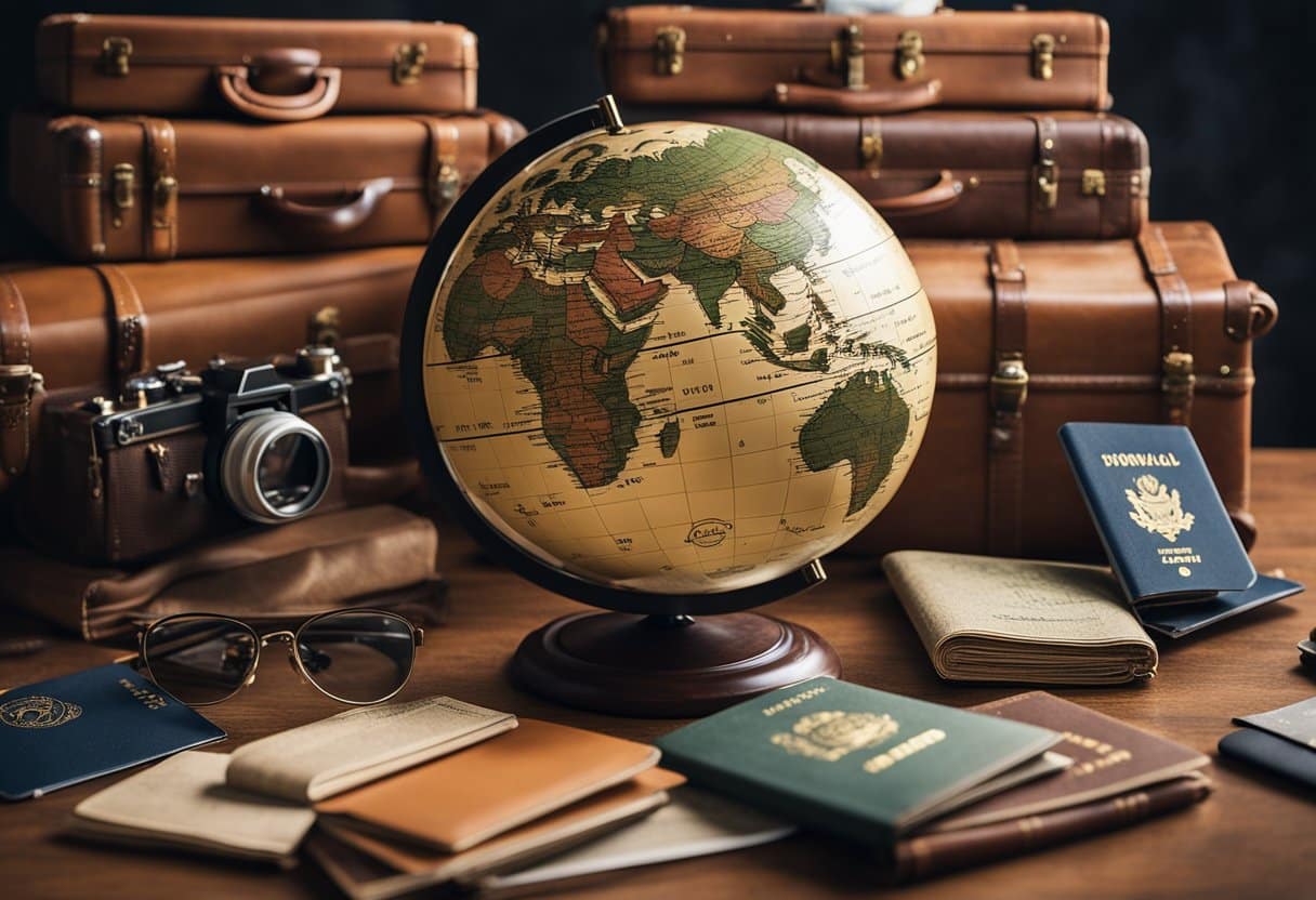 Global Nomadism: A globe surrounded by suitcases, passports, and various cultural artifacts, symbolizing the global nomad lifestyle