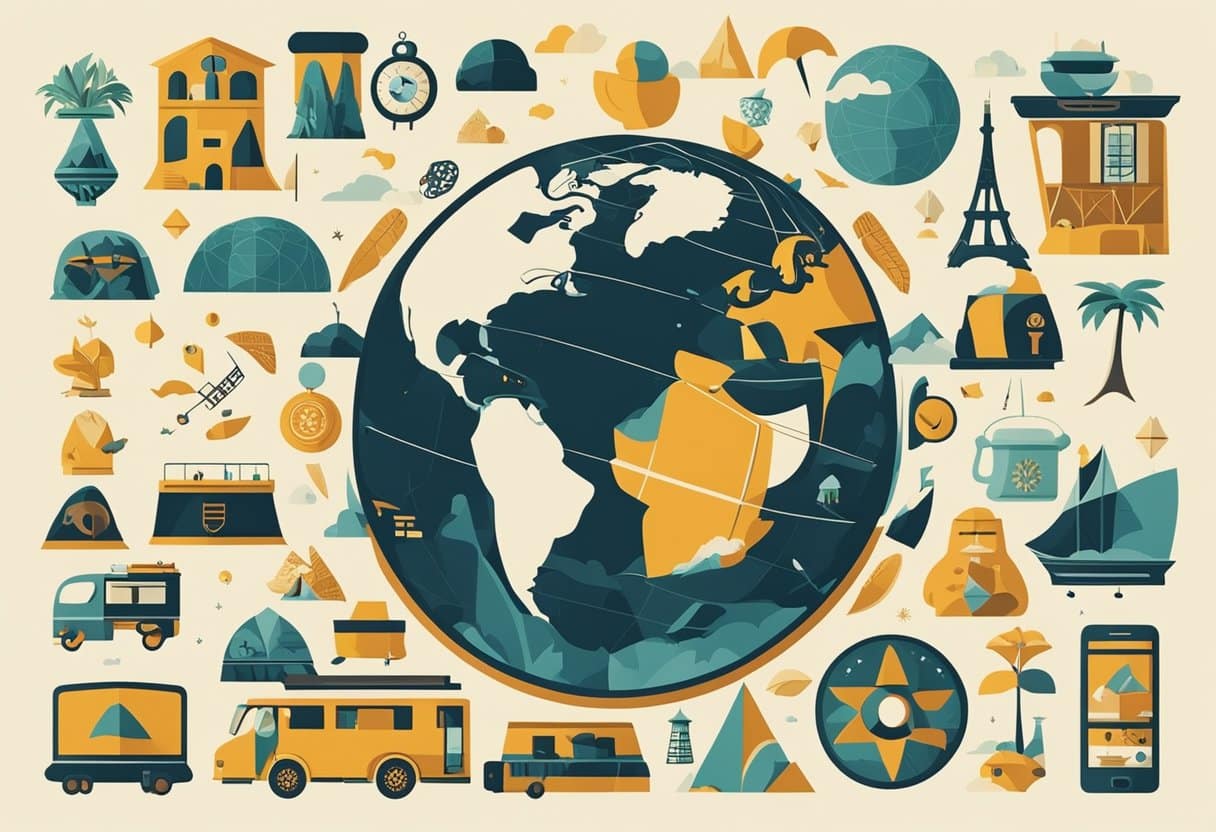 Global Nomadism: A diverse group of objects and symbols from different cultures, representing the global nomadic lifestyle and the redefinition of home in a mobile world