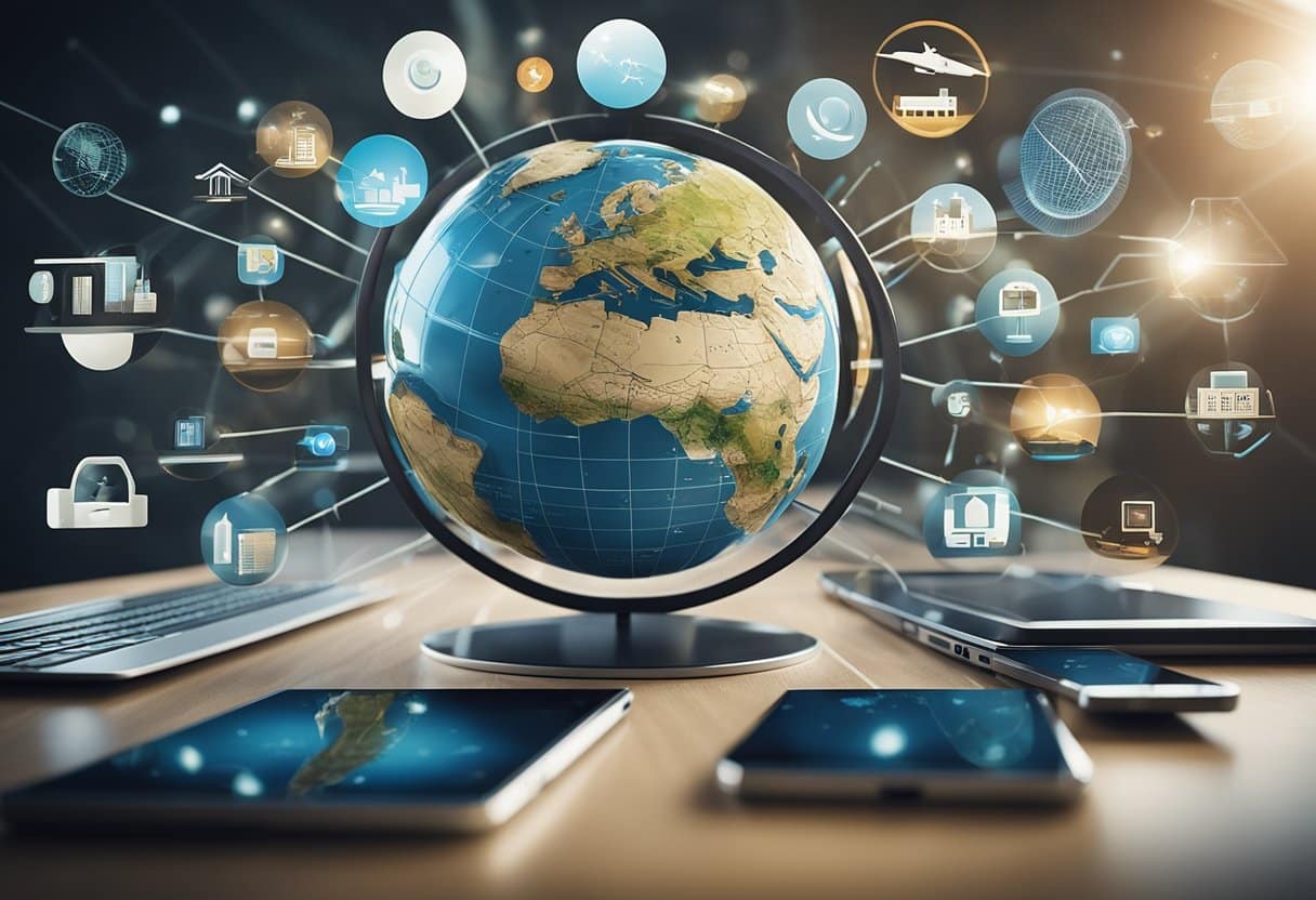 Global Nomadism: A globe surrounded by interconnected devices, symbolizing global nomadism and the redefinition of home in a mobile world