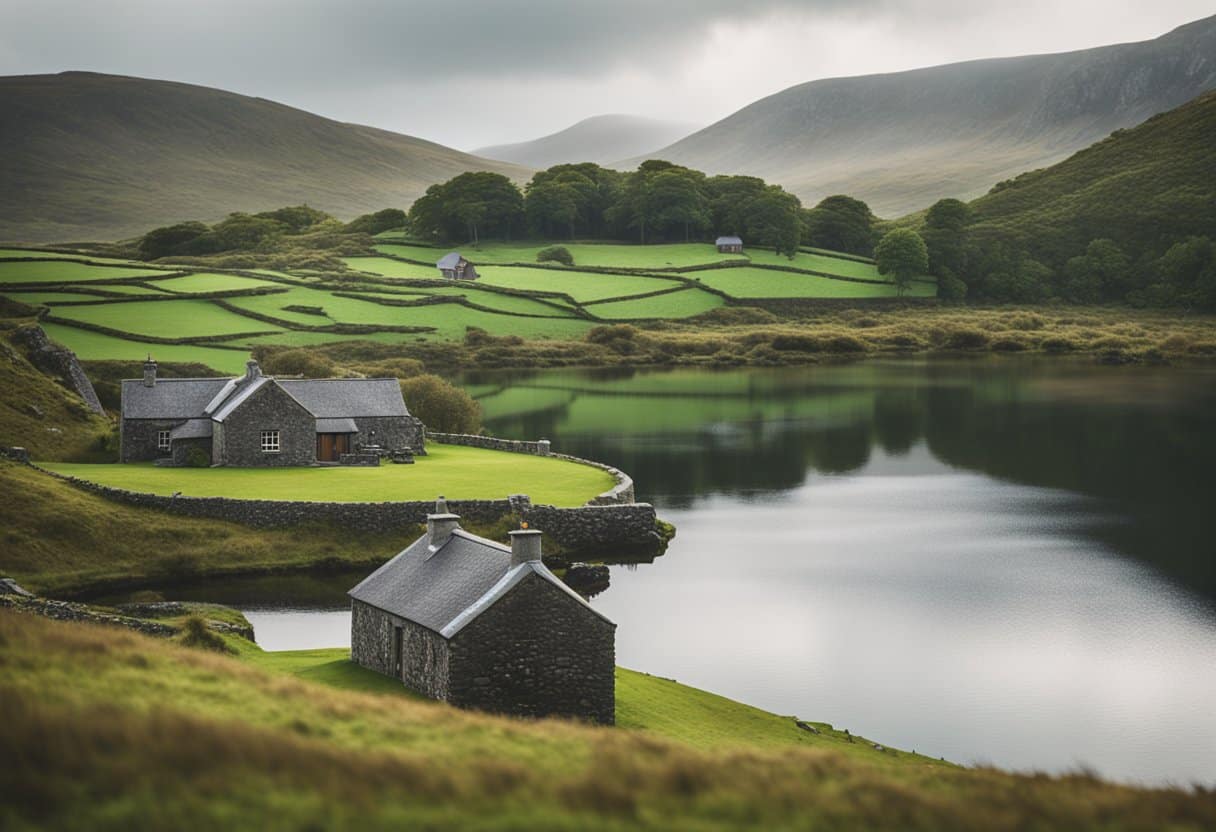 A misty, emerald landscape stretches to meet a tranquil lake. Stone cottages sit nestled among rolling hills, their thatched roofs blending seamlessly with the natural beauty of Connemara