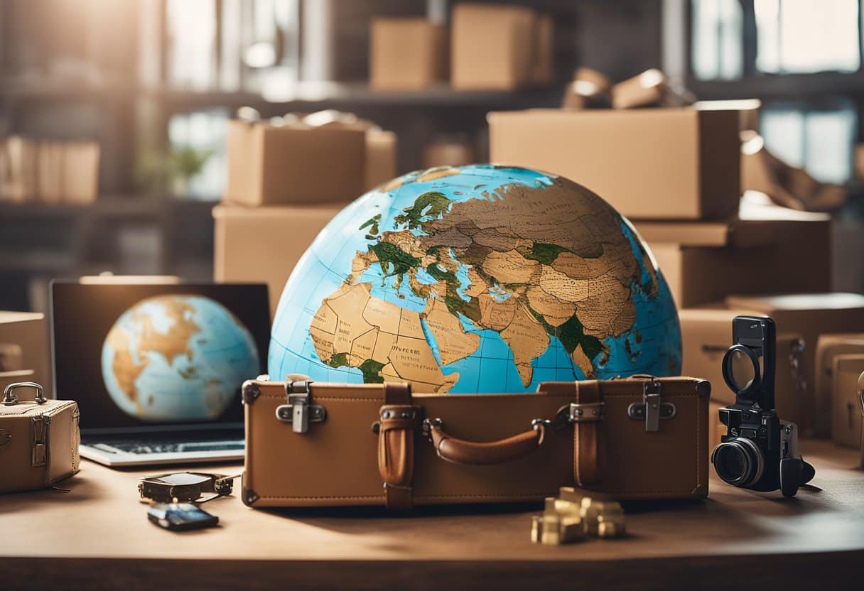 Global Nomadism: A globe surrounded by moving boxes, a suitcase, and various cultural artifacts. A map with pins marking different locations. A laptop showing virtual connections
