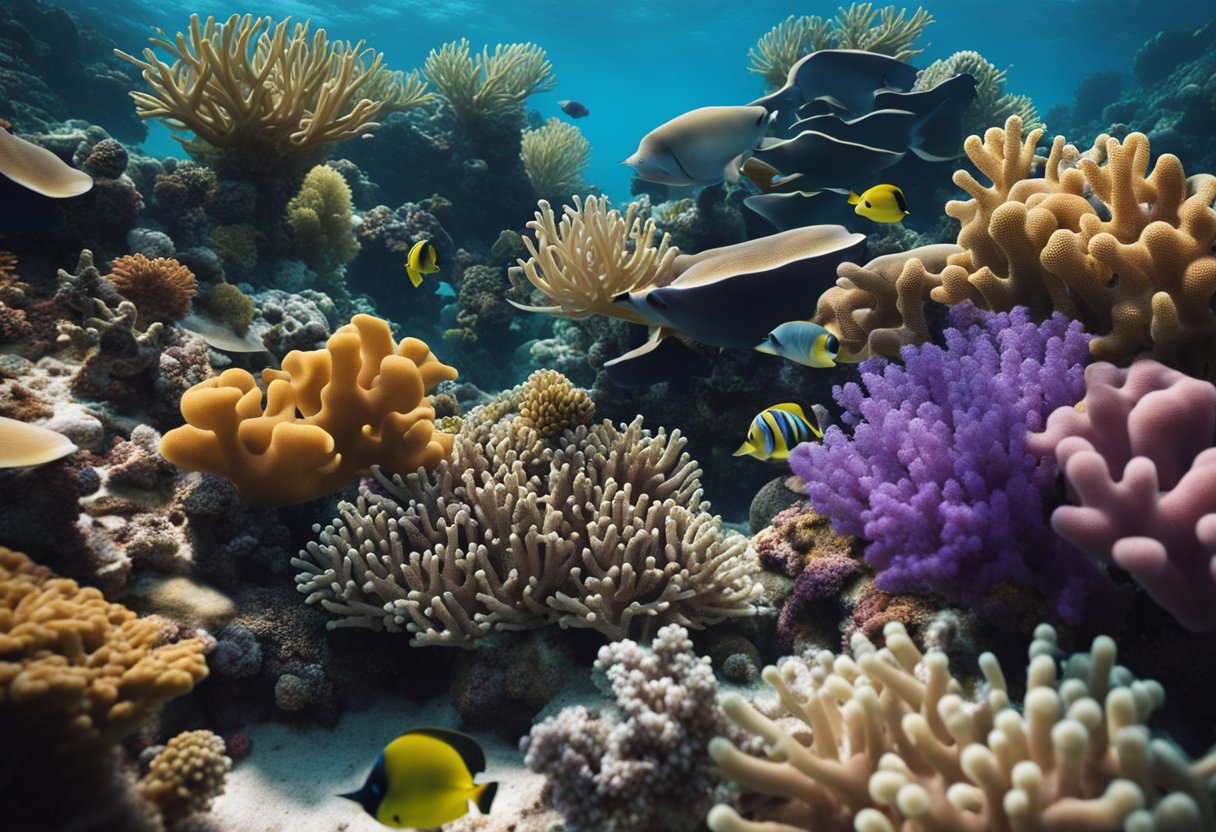 A diverse array of marine life swims through colorful coral reefs, while scientists and activists work together to protect and preserve the ocean's delicate ecosystems