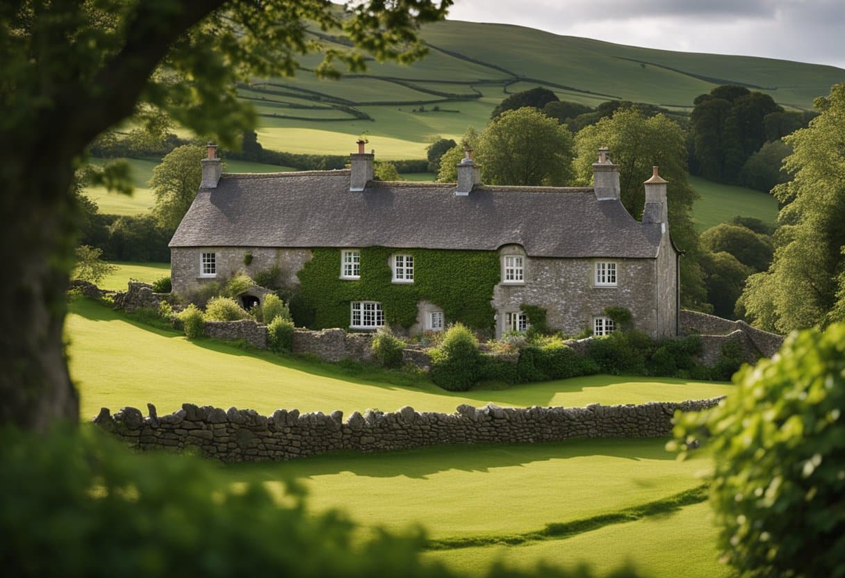 Lush green countryside with traditional Irish cottages, stone walls, and rolling hills. A serene atmosphere with a sense of nostalgia and charm