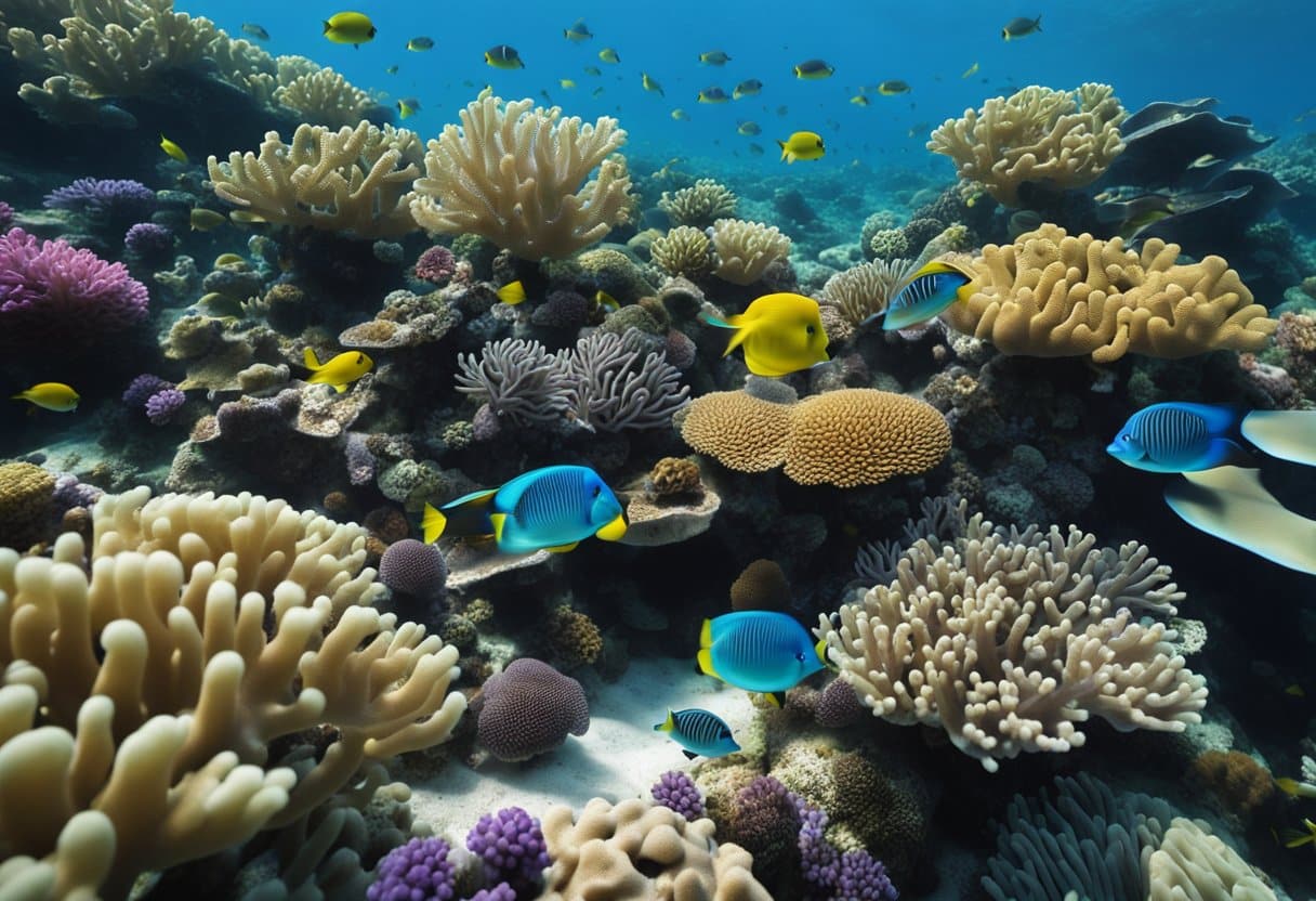 Colorful coral reefs teeming with diverse marine life, from vibrant fish to graceful sea turtles, surrounded by crystal-clear blue waters and swaying seaweed