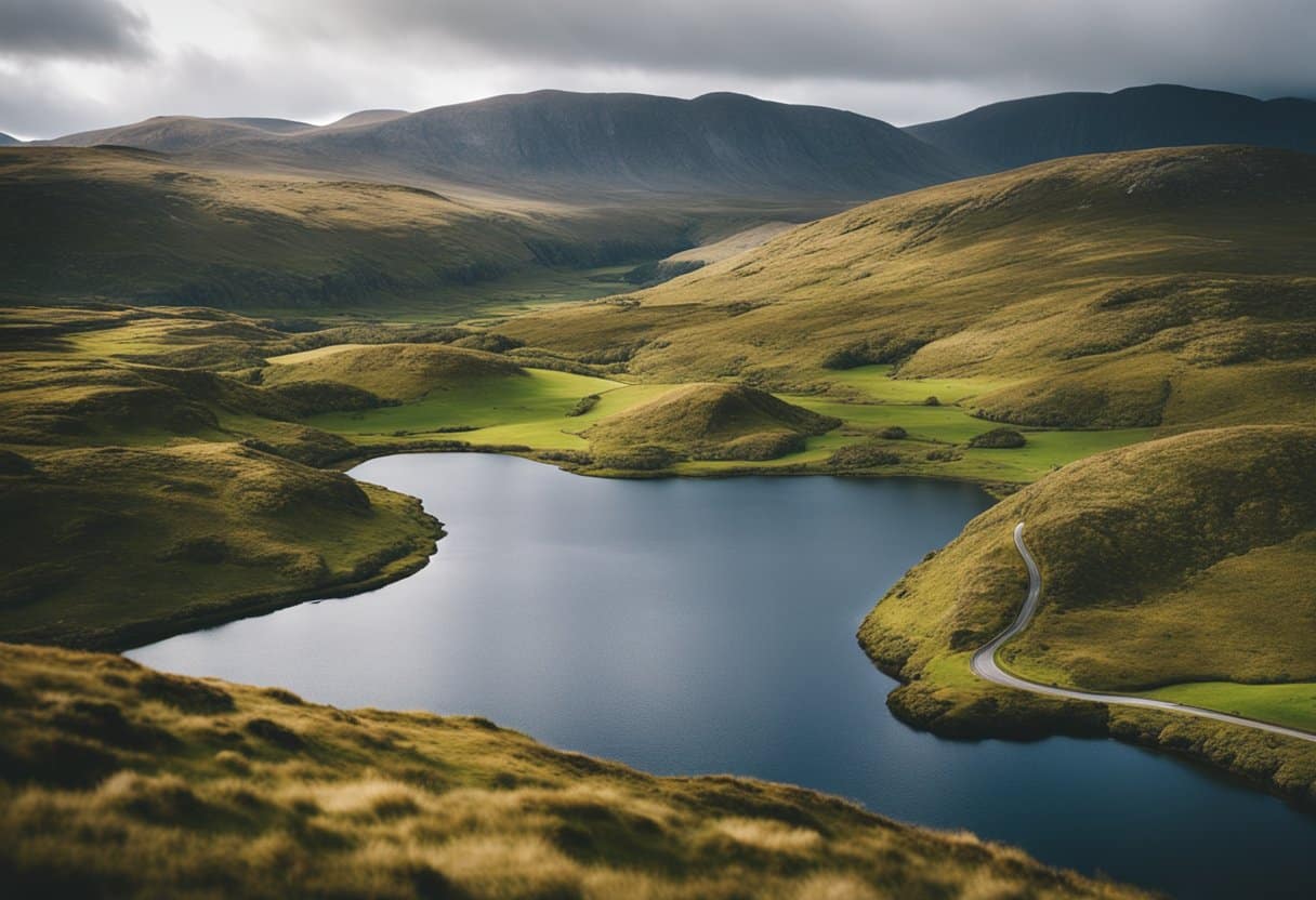 Rolling hills meet a serene lake in Connemara, Ireland. A winding road leads to a quaint village nestled in the lush landscape