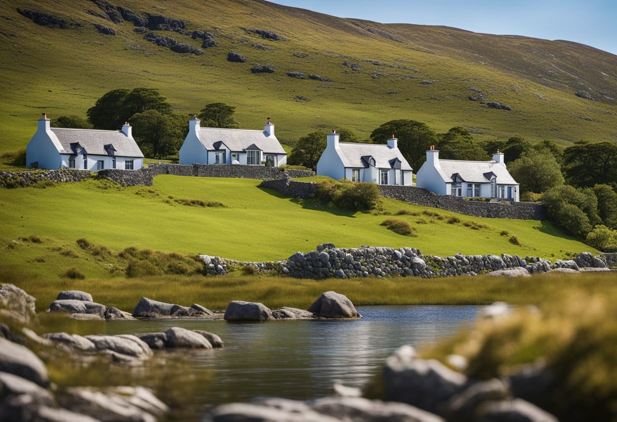 The rolling green hills of Connemara stretch out under a clear blue sky, dotted with traditional stone cottages and bordered by the sparkling waters of Lough Corrib