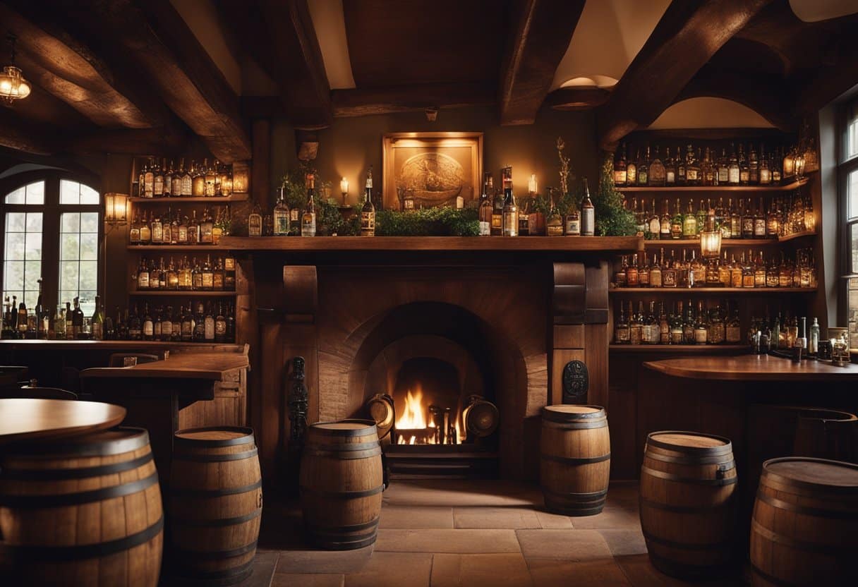 A cozy Irish pub with a roaring fireplace, wooden barrels of whiskey, and shelves lined with beer mugs and bottles. Folklore symbols adorn the walls, creating an atmosphere of tradition and history