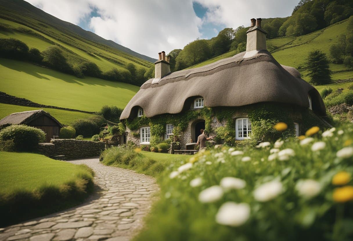 A thatched cottage nestled in a lush green valley, surrounded by rolling hills and a winding river. A figure works on a spinning wheel, while others practice traditional Irish dance and music nearby