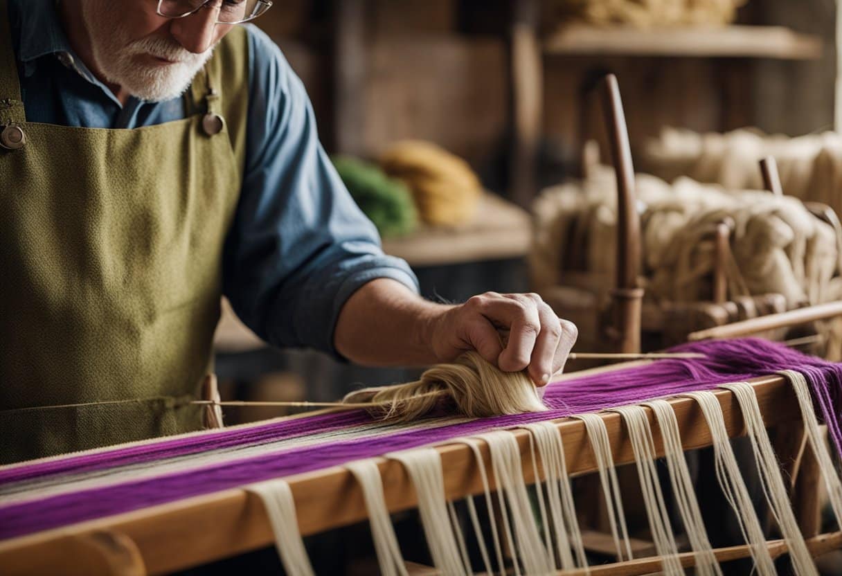 A traditional Irish craftsman skillfully weaves intricate patterns into a piece of vibrant, hand-dyed wool using a wooden loom. The workshop is filled with the rich scents of natural dyes and the rhythmic clacking of the lo