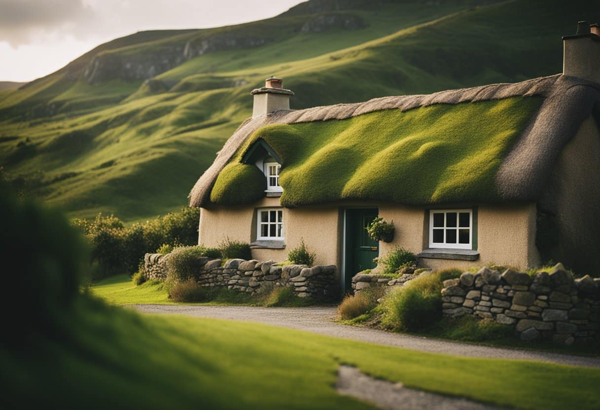 A cozy Irish cottage with a thatched roof, surrounded by rolling green hills. Inside, a warm fire crackles as a craftsman works on traditional Irish pottery