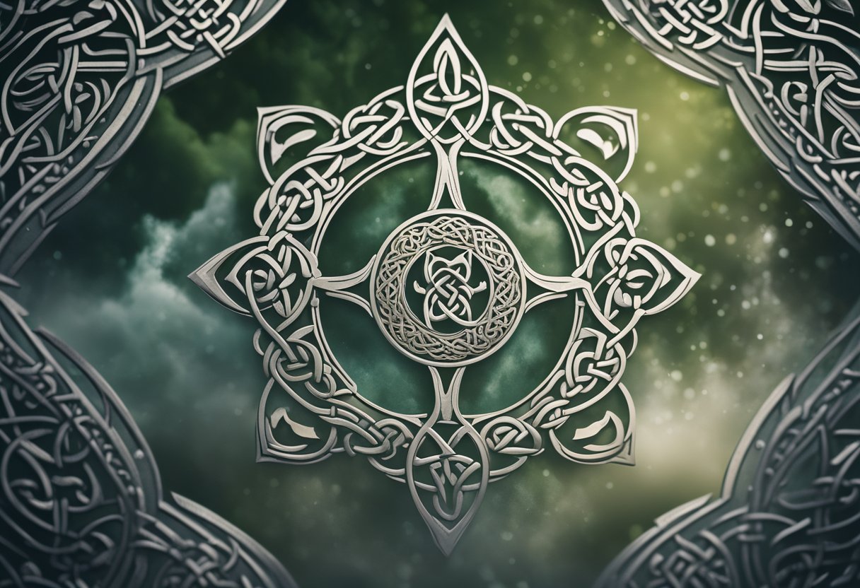 A Celtic knotwork pattern emerges from a swirling mist, intertwining with symbols of the four elements and ancient Irish iconography