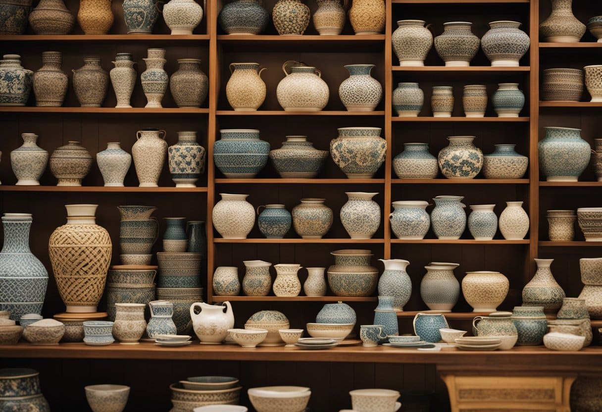 An array of traditional Irish crafts on display, including intricate lacework, vibrant knitwear, and delicate pottery. The scene is filled with the rich colors and textures of Ireland's artistic heritage