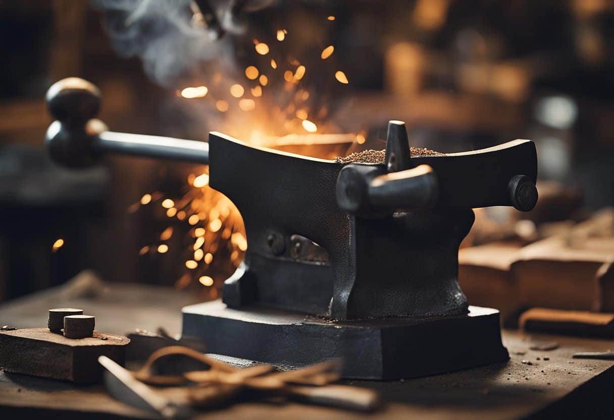 The Lost Crafts: A blacksmith hammers red-hot iron on an anvil, sparks flying. Nearby, a bookbinder meticulously sews together pages of a leather-bound book. The scene is filled with traditional tools and the sounds of craftsmanship