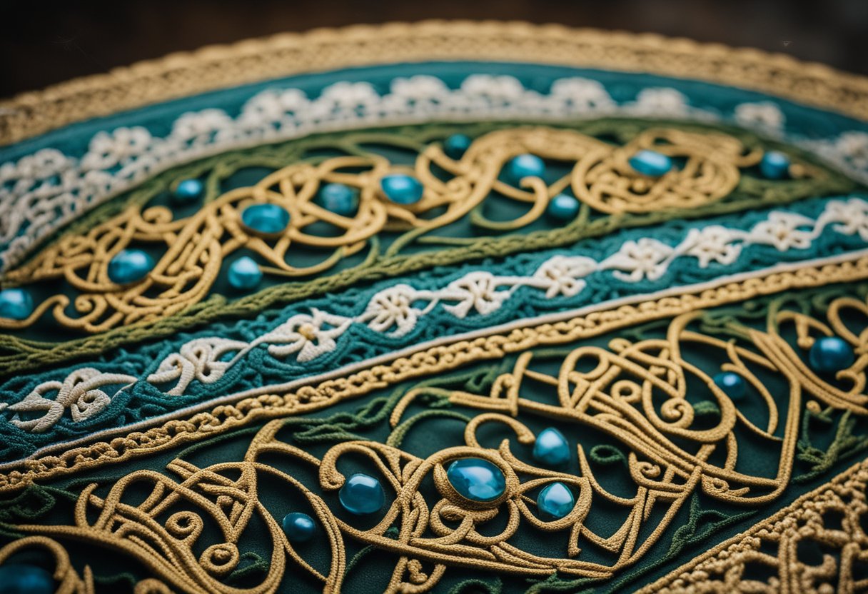 Vibrant Celtic designs intertwine with intricate lacework, showcasing the revival of traditional Irish crafts. Rich colors and intricate patterns symbolize the enduring legacy of Irish craftsmanship