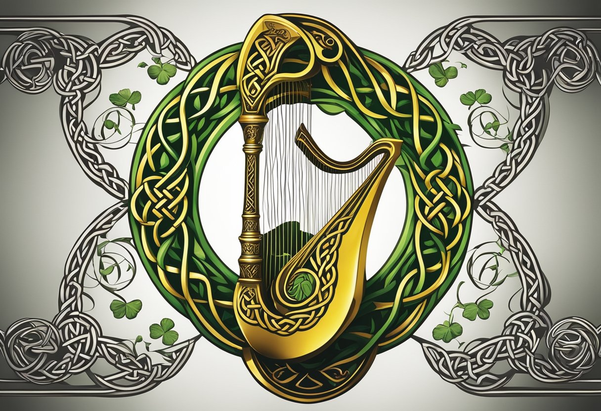 A vibrant Celtic knot intertwines with a graceful harp, surrounded by intricate patterns of shamrocks and Claddagh symbols