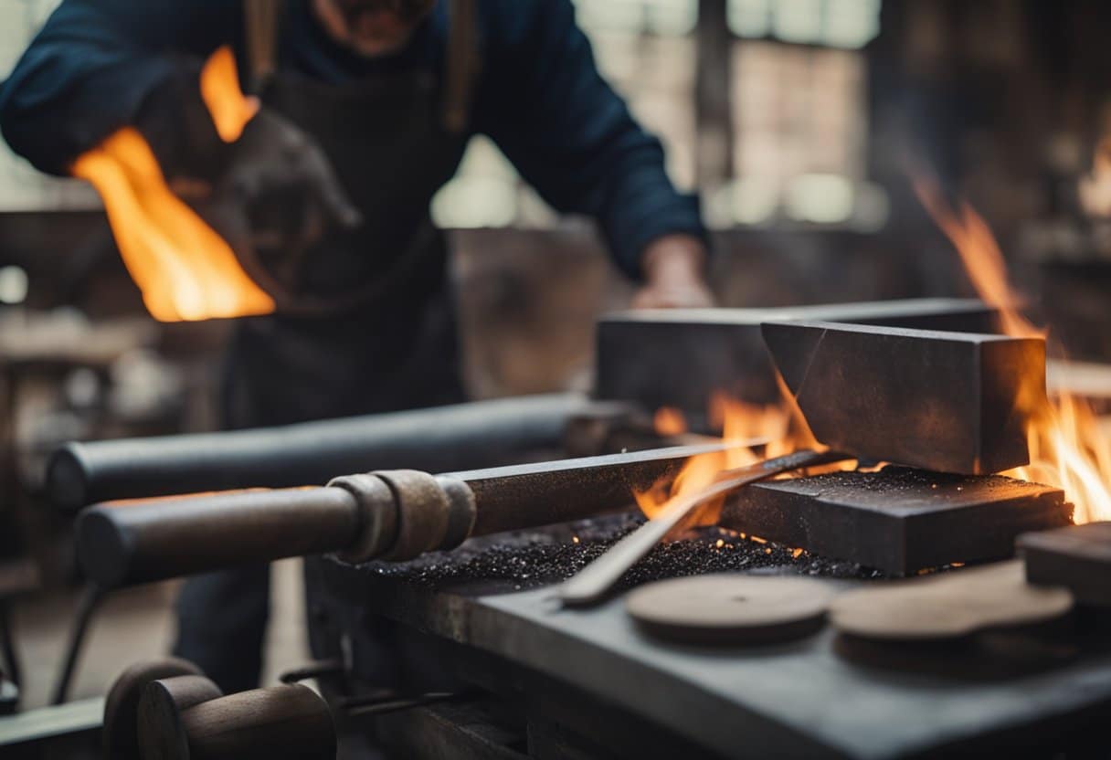 The Lost Crafts: A blacksmith's forge crackles with heat, surrounded by anvils, hammers, and tongs. A bookbinding workshop is filled with paper, leather, and sewing frames