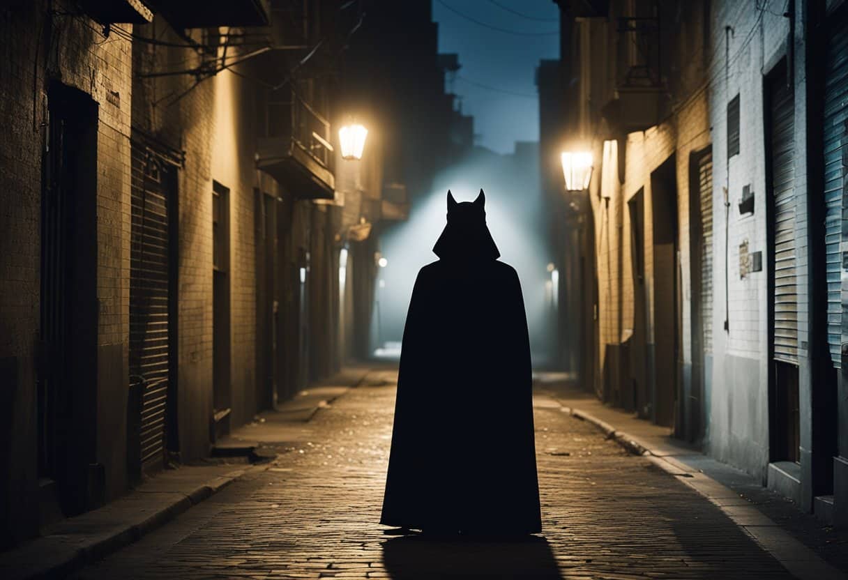 A shadowy figure lurks in the dimly lit alley, as eerie whispers of urban legends echo through the deserted streets. The silhouette of a mythical creature looms in the distance, adding to the air of mystery and suspense