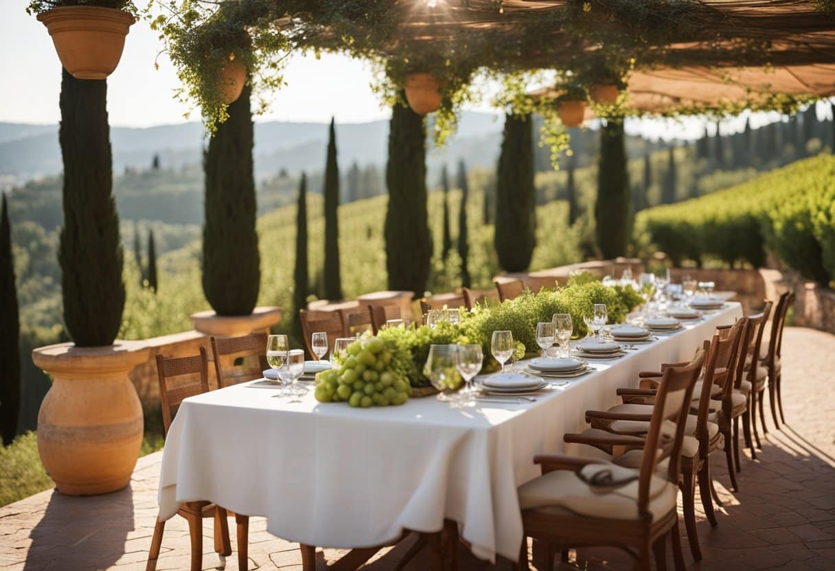 Sun-drenched Tuscan villa with terracotta roof, surrounded by rolling hills and vineyards. A table set with local wine and fresh produce under a pergola, with a view of cypress trees lining a winding road