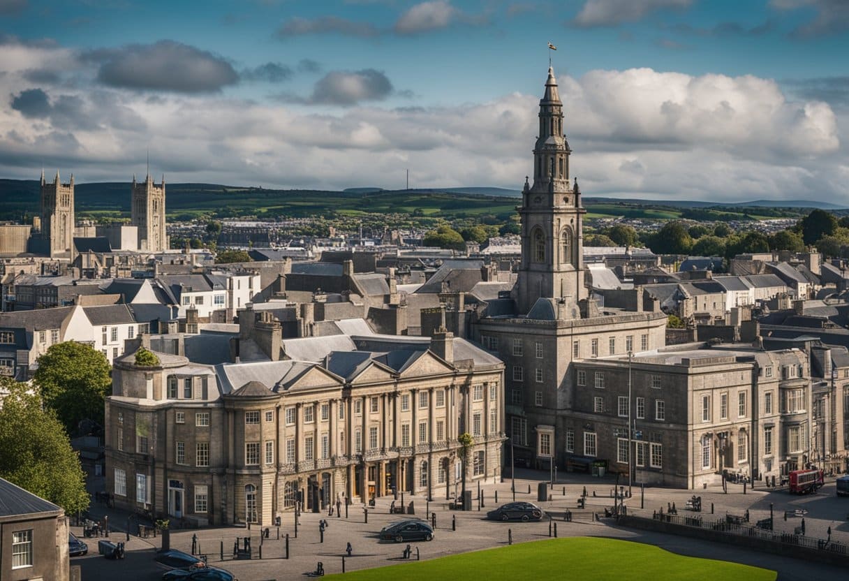 The Celtic Tiger: A bustling cityscape with modern buildings and traditional Irish architecture, showcasing the fusion of old and new in Ireland's economic and cultural transformation