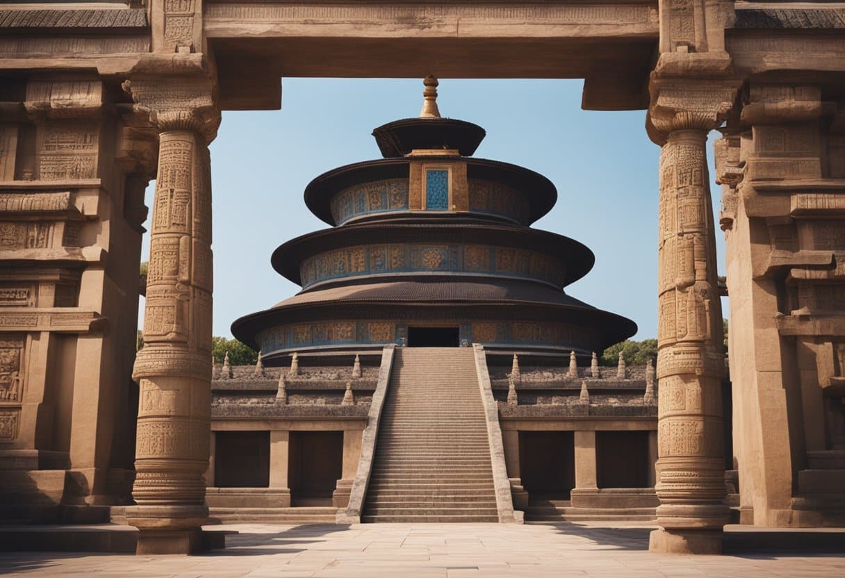 An ancient temple with precise geometric proportions, surrounded by diverse architectural styles from around the world