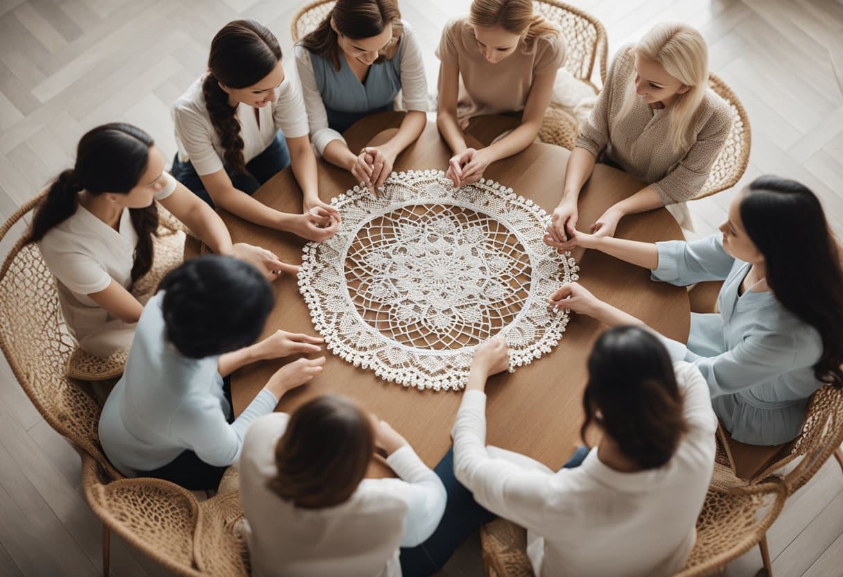 A group of women sit in a circle, meticulously crafting intricate lace patterns with nimble fingers. The room is filled with the gentle sound of bobbins clinking against each other as the delicate fabric takes shape