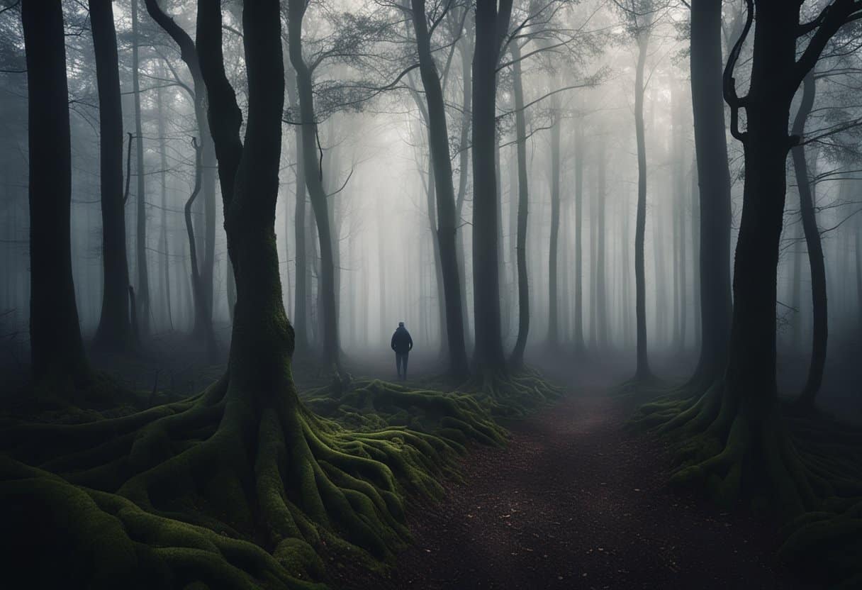 A dark, foggy forest with twisted trees and mysterious shadows. A figure lurks in the distance, adding to the eerie atmosphere