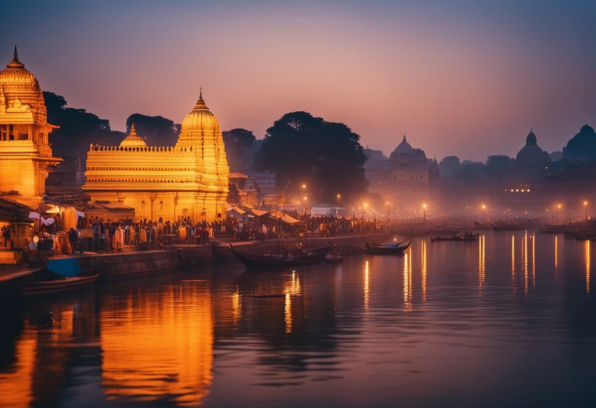 The Ganges River flows serenely through the ancient city, flanked by colourful temples and bustling markets. The sun sets behind the sacred waters, casting a golden glow over the scene