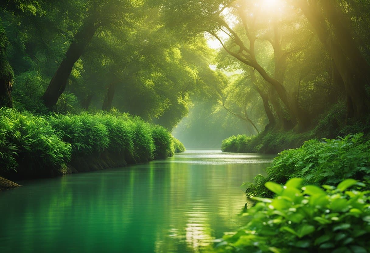 The Ganges River flows through a lush, green landscape, reflecting the vibrant colors of the surrounding flora. The water shimmers under the warm sunlight, evoking a sense of tranquility and spiritual significance