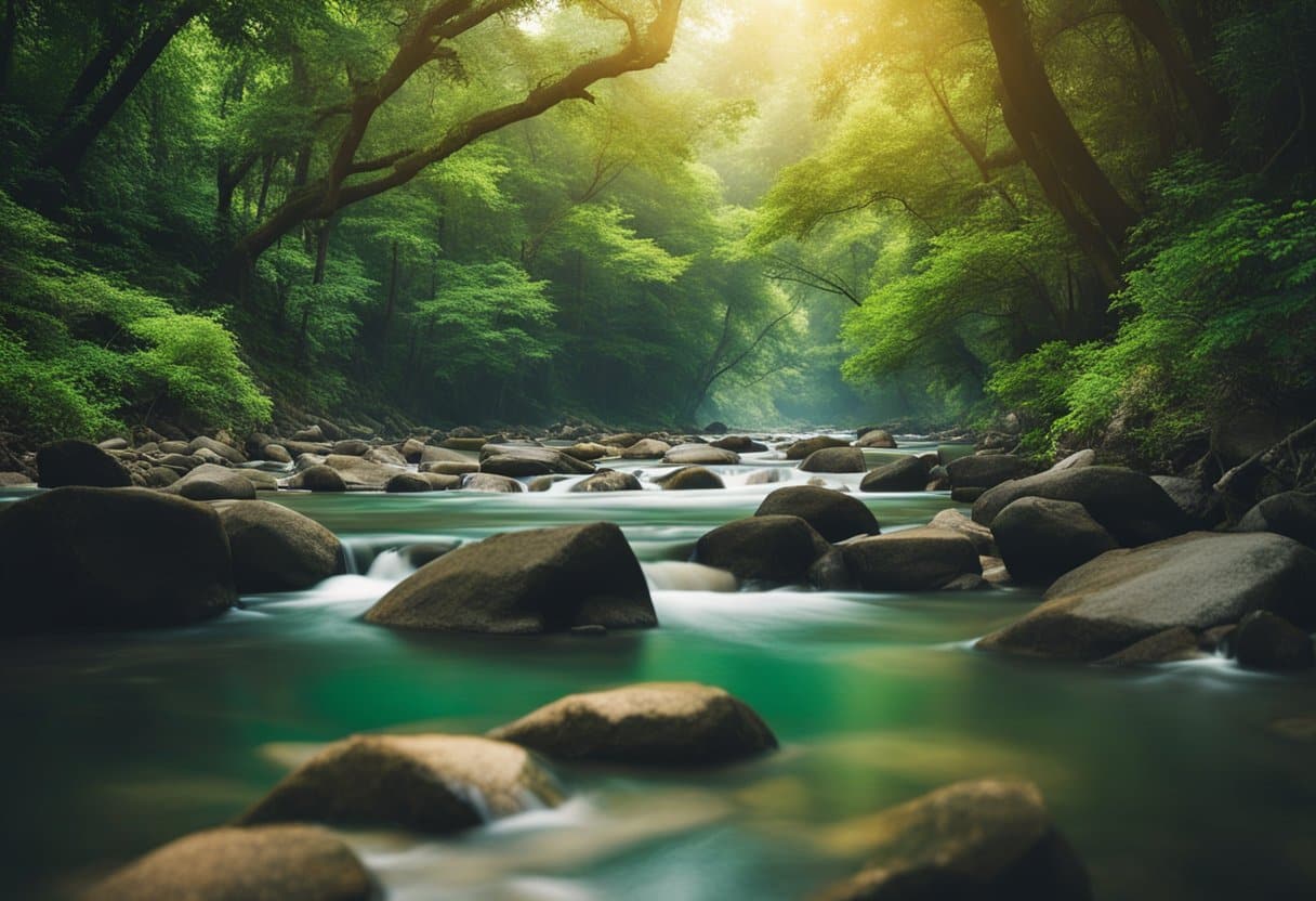 The Ganges flows through lush forests, teeming with diverse flora and fauna. The river's waters reflect the vibrant colors of the surrounding landscape, creating a mesmerizing scene of biodiversity