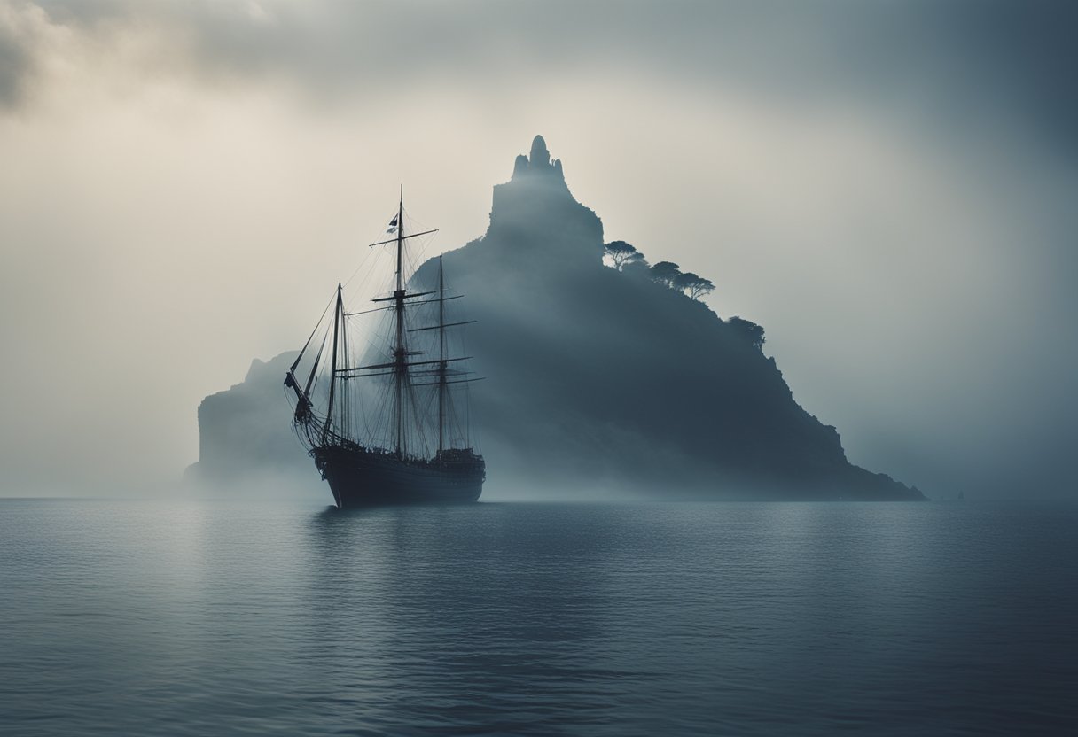 A ship sails through misty waters towards a mysterious island, surrounded by ghostly figures and ancient ruins
