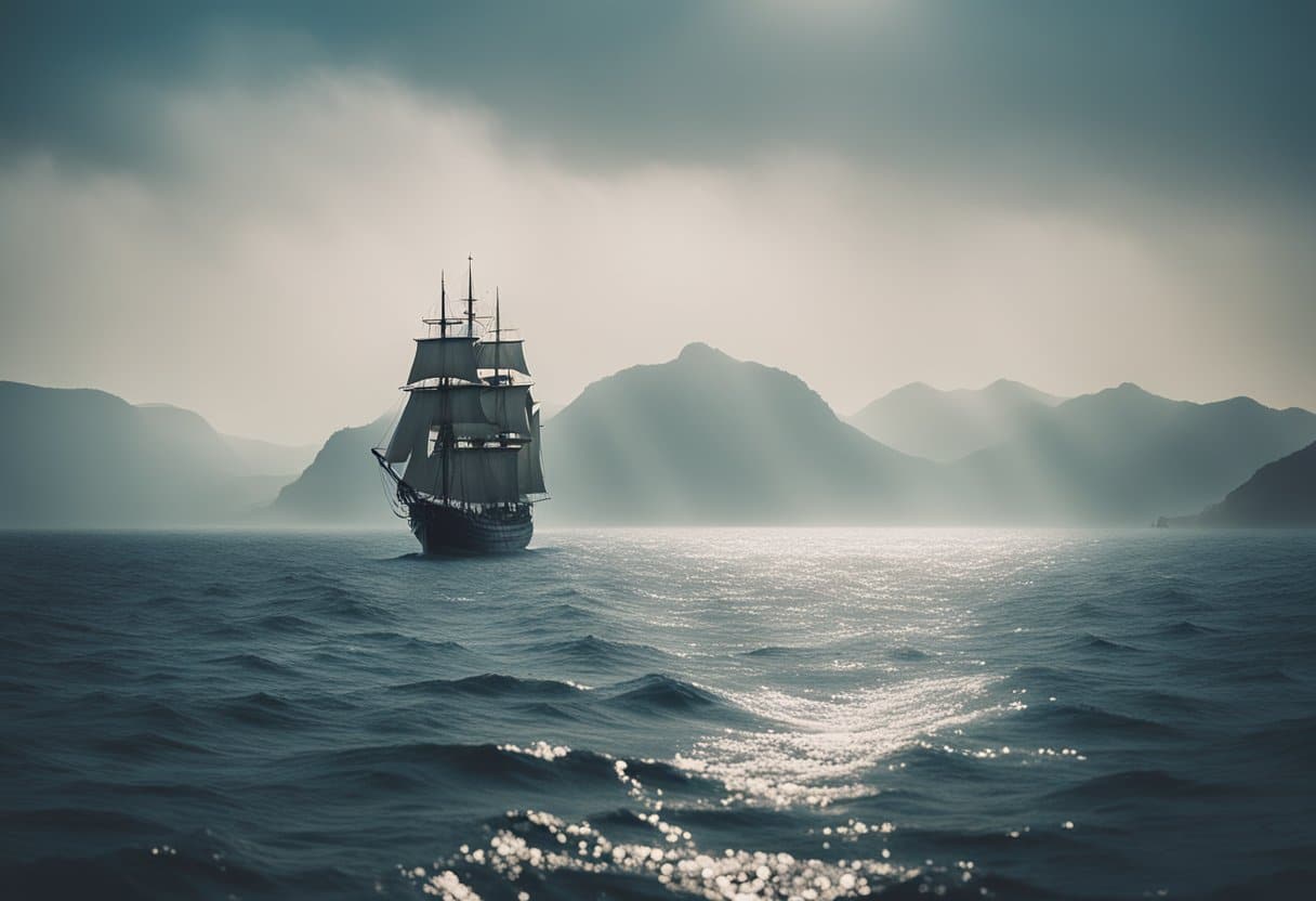 A ship sails through misty waters towards a mirage of an island, surrounded by swirling currents and mythical creatures