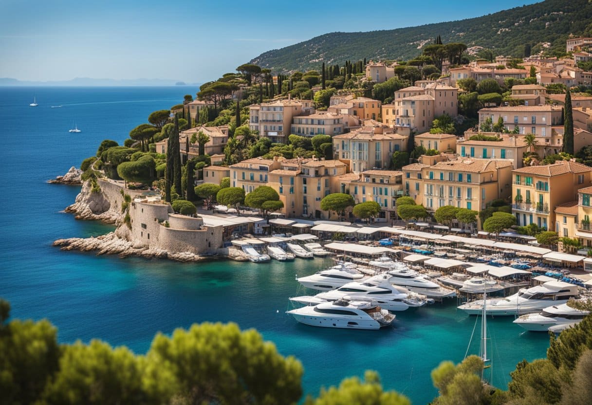 The sun-kissed coastline of the French Riviera, with palm trees swaying in the gentle breeze, luxurious yachts dotting the crystal-clear waters, and the vibrant colors of charming seaside villages nestled against the azure Mediterranean Sea