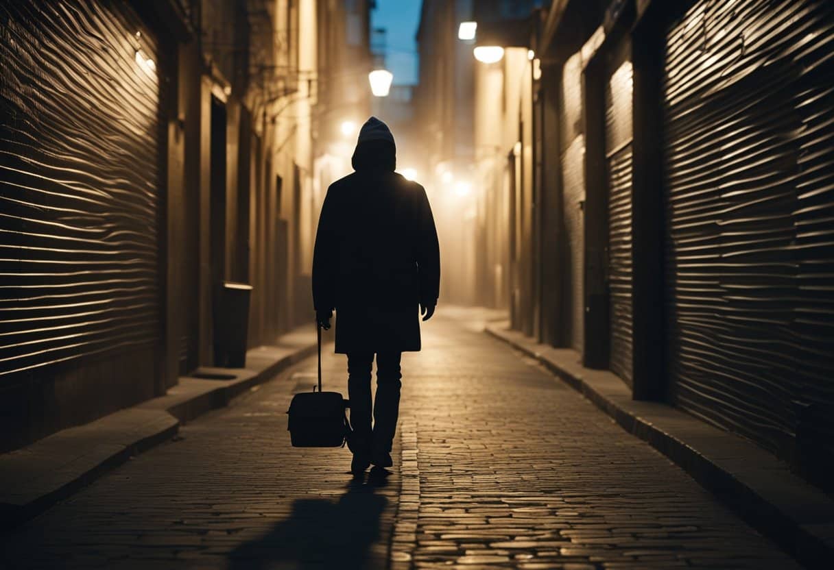 The Art of Espionage: A shadowy figure moves through a dimly lit alley, exchanging secret messages and surveilling a target. Tools of the trade, like hidden cameras and microphones, are scattered around the scene