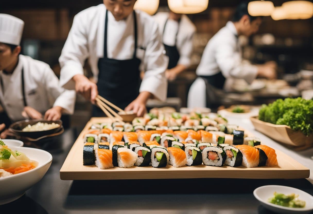 A sushi chef prepares traditional Japanese rolls, surrounded by a diverse array of international diners enjoying the popular cuisine
